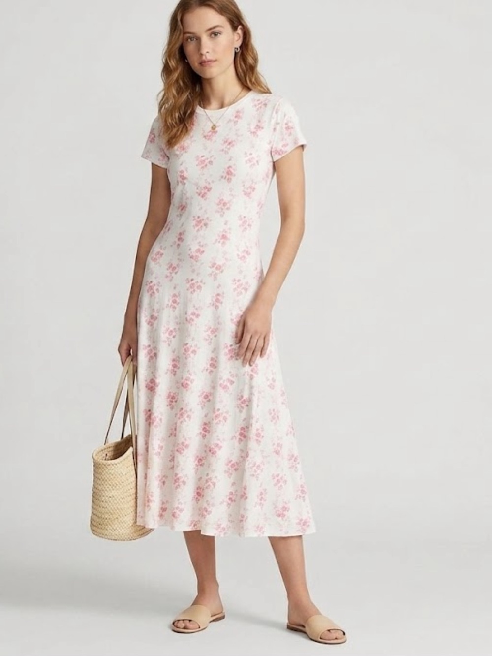 Polo Ralph Lauren Cotton Thermal Waffle Pink Floral Short Sleeve Midi Dress Smal